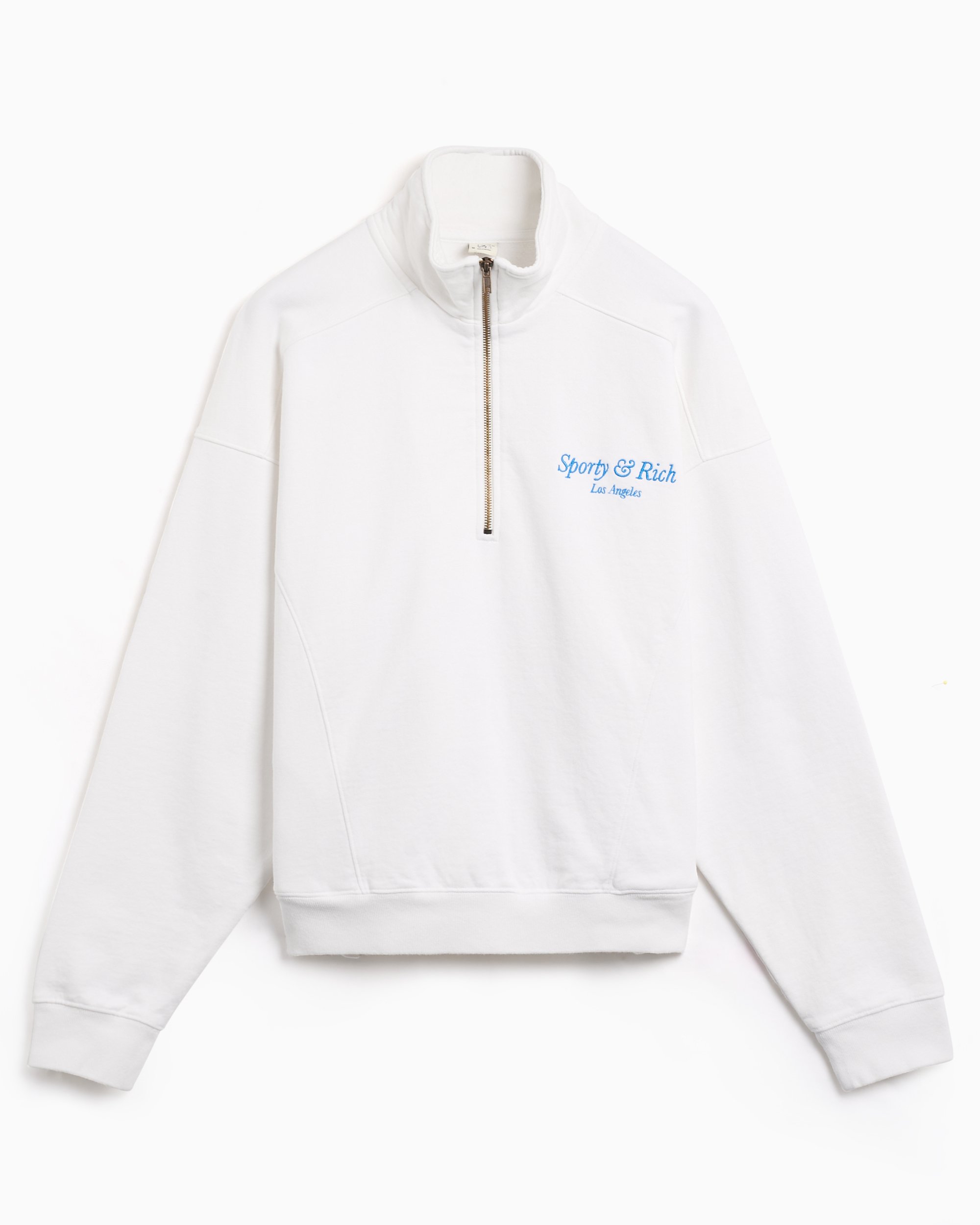 Sporty & Rich Italic Logo Embroidered Unisex Quarter Zip Swearshirt White  WS069S408IW | FOOTDISTRICT