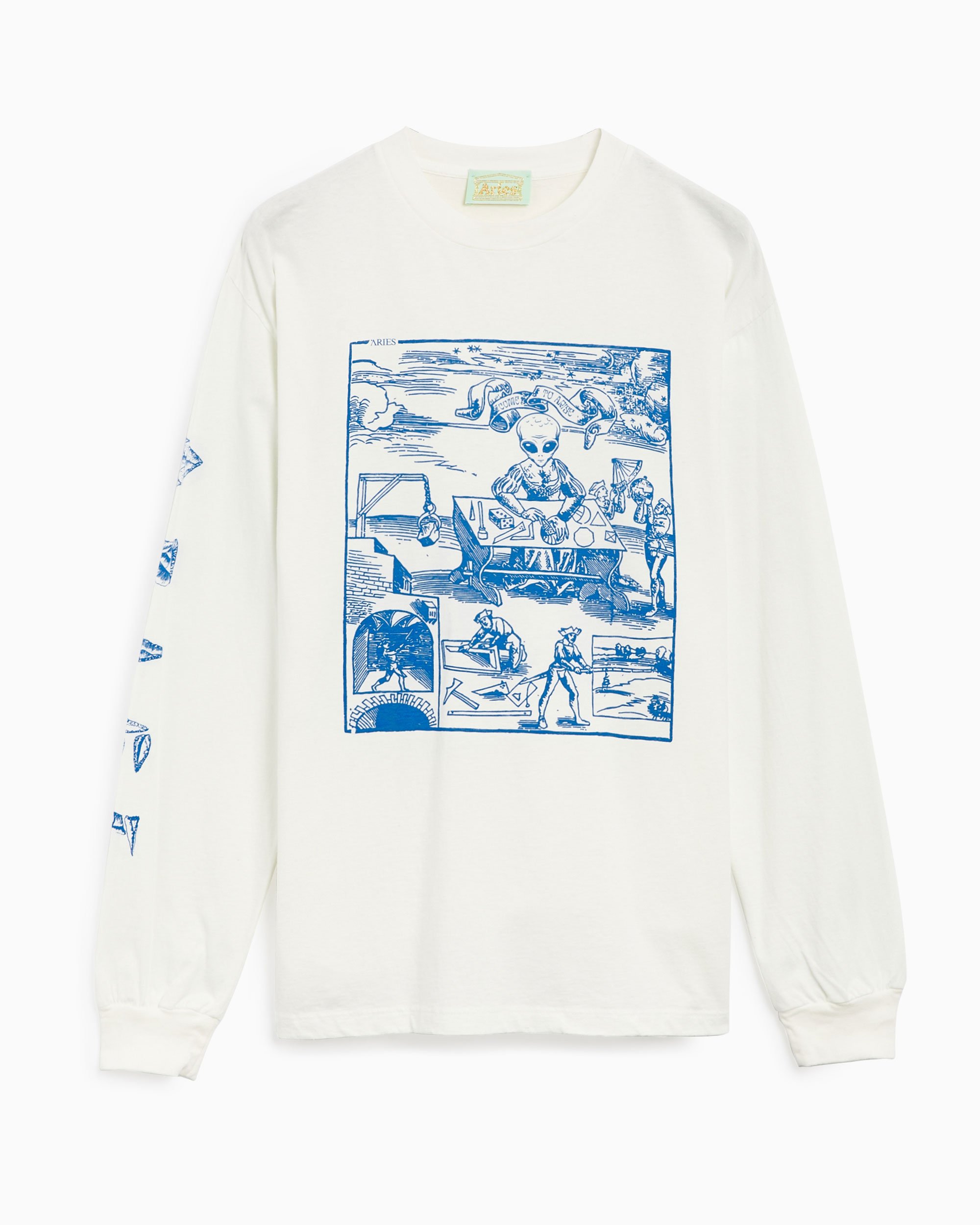 Aries Alien Woodcut Unisex Long Sleeve T-Shirt Blue, White 