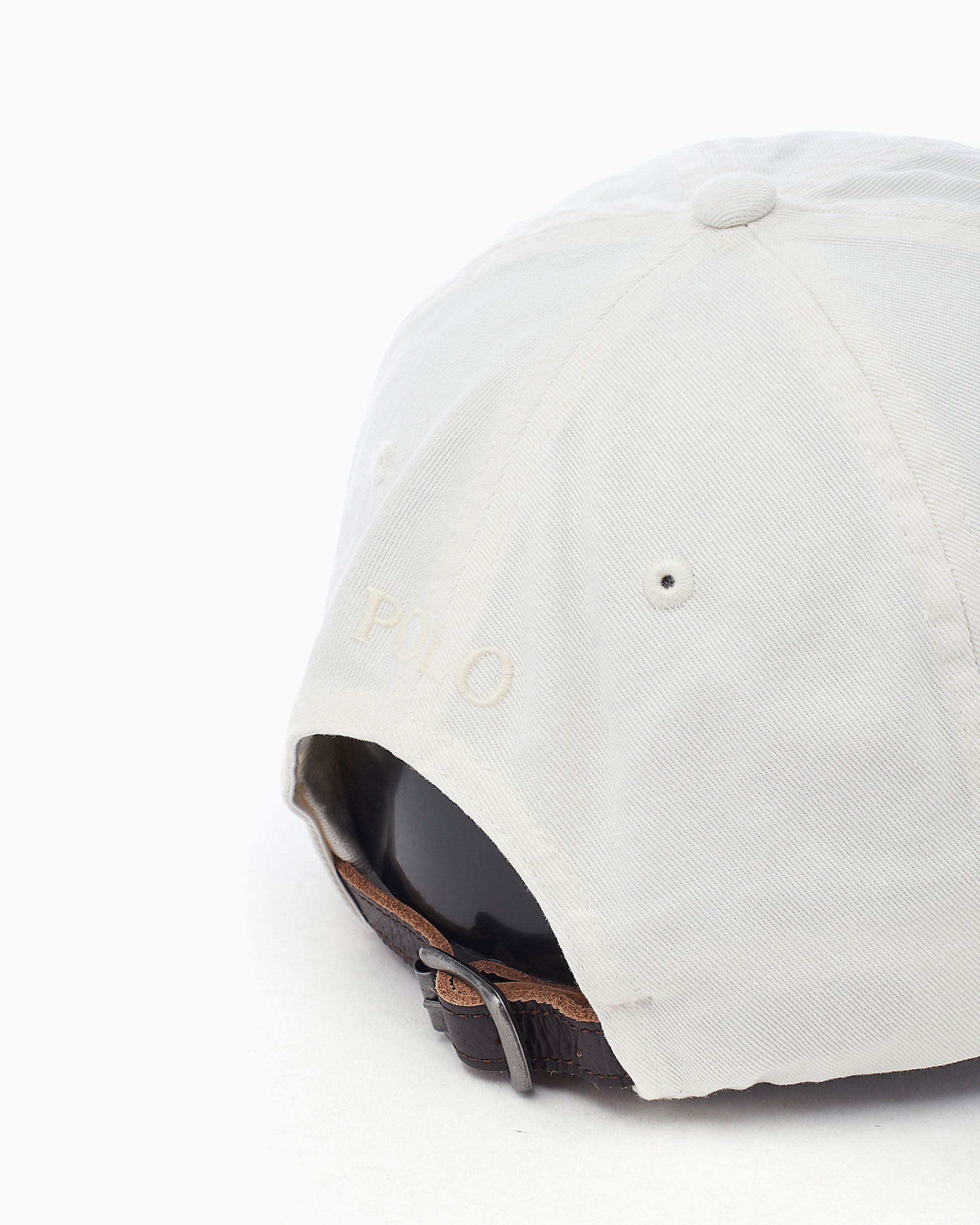 White polo hat with leather strap top