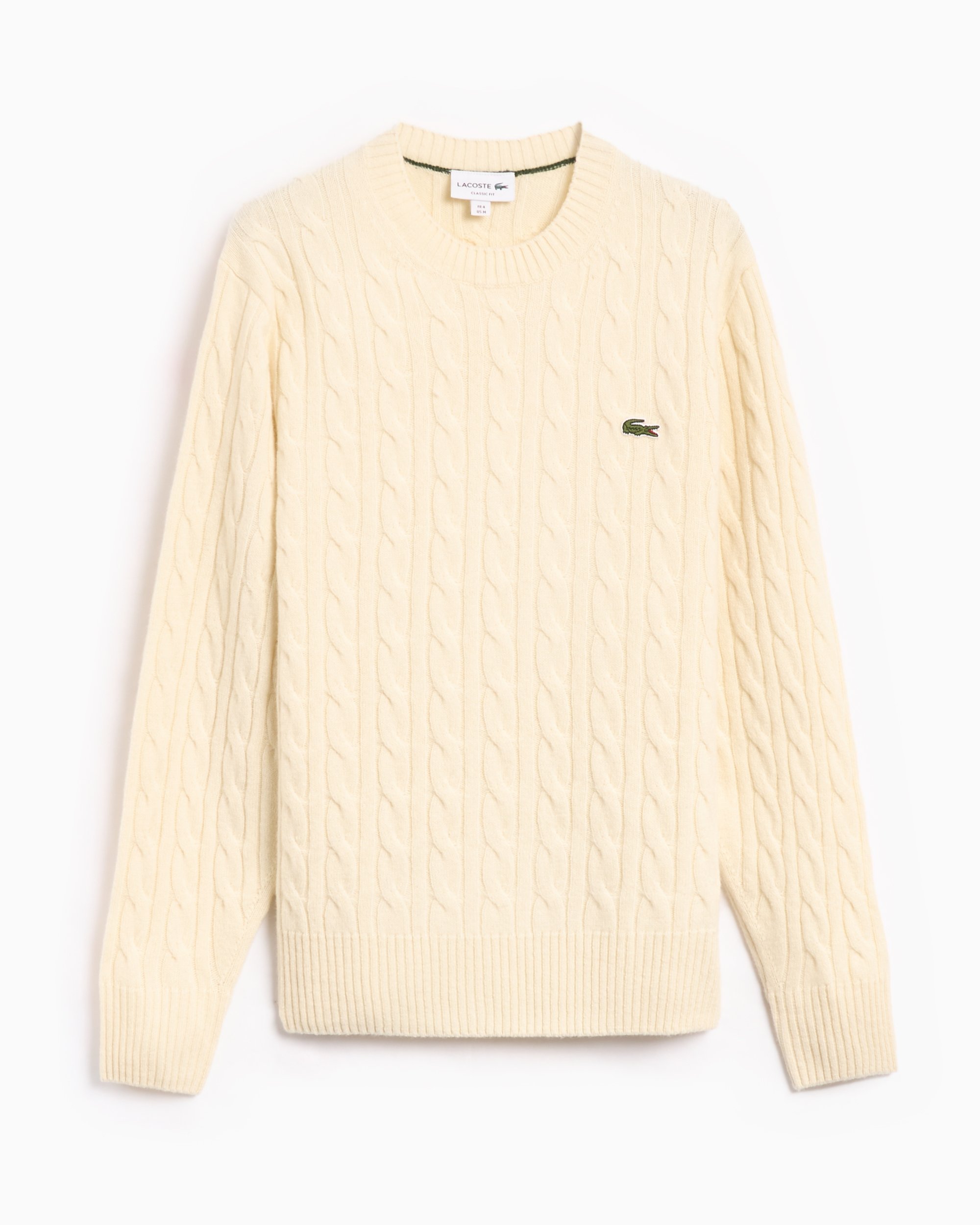 At Last TORA ニット Lacoste Cable Knit Carded Wool Crew Neck Men's Sweater White