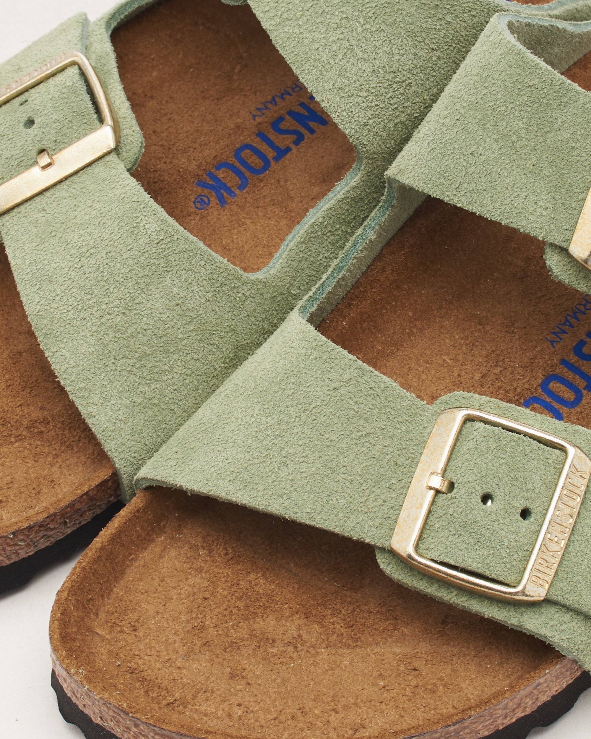 BIRKENSTOCK Women s Arizona Soft Footbed Suede Leather Narrow Grun 1027962 FOOTDISTRICT