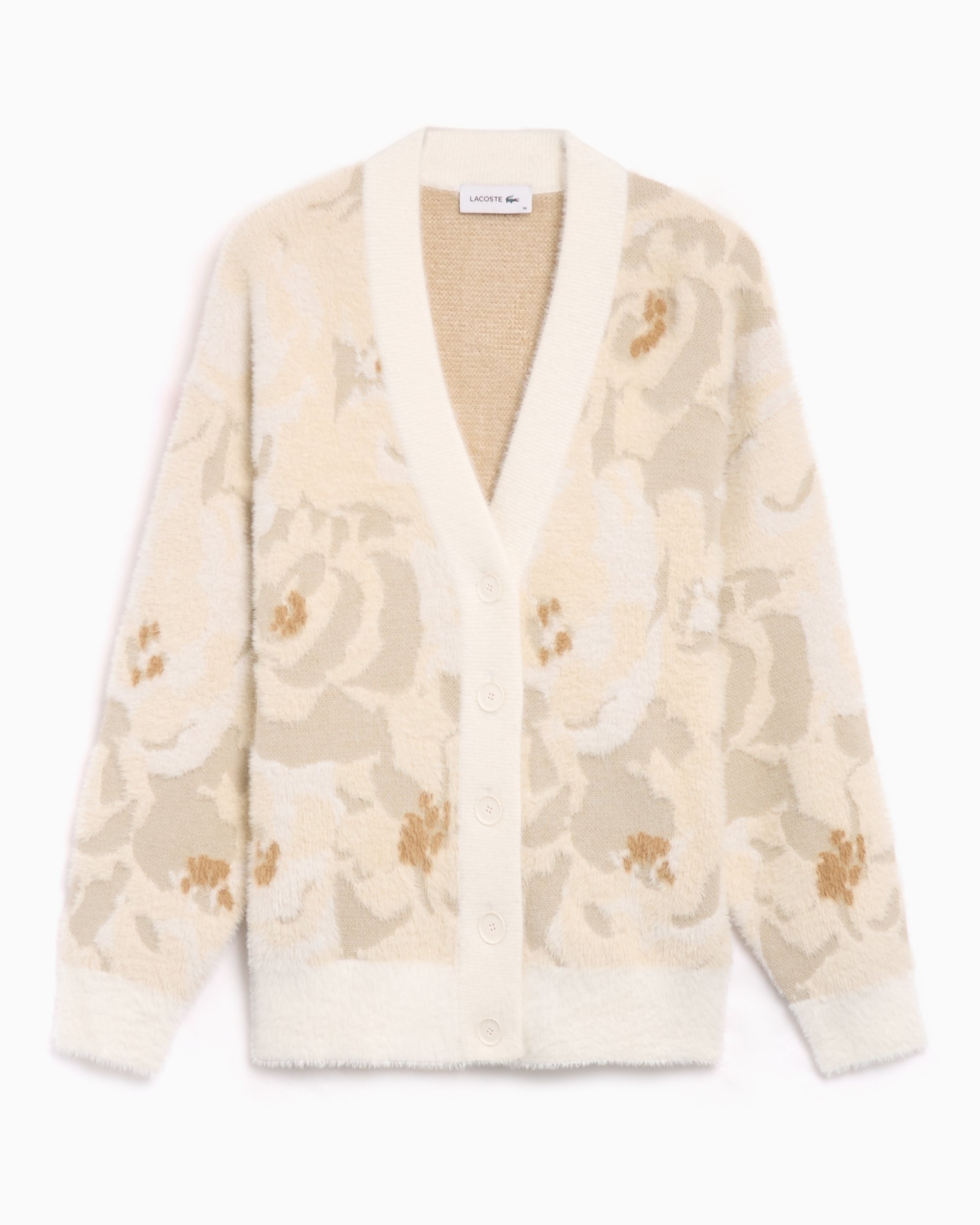Lacoste Women s Jacquard Intarsia Floral Cardigan Beige AF2580 00 ID2 FOOTDISTRICT