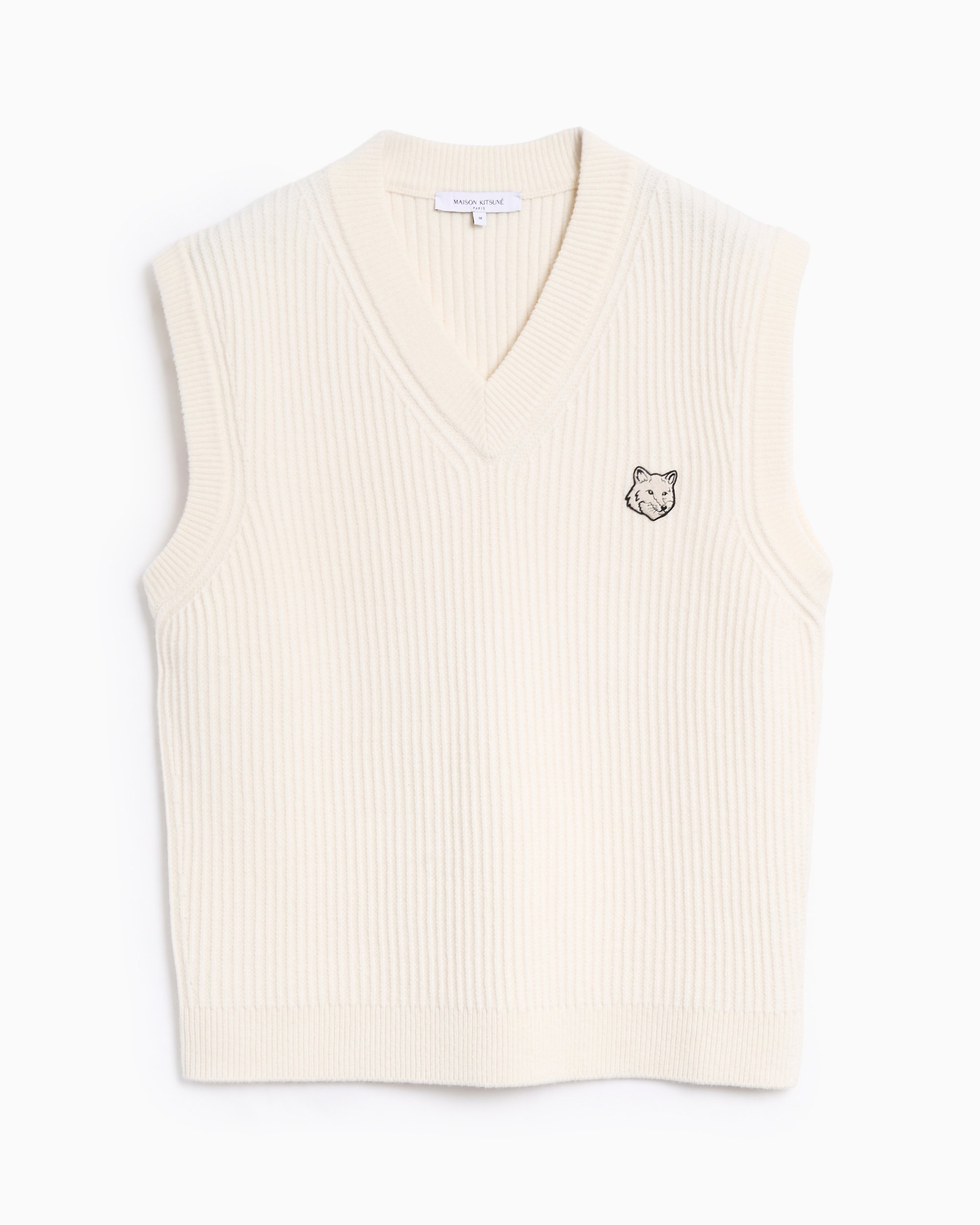 まめ Maison Kitsuné Fox Head Logo Ribbed Vest Men's Sweater Beige