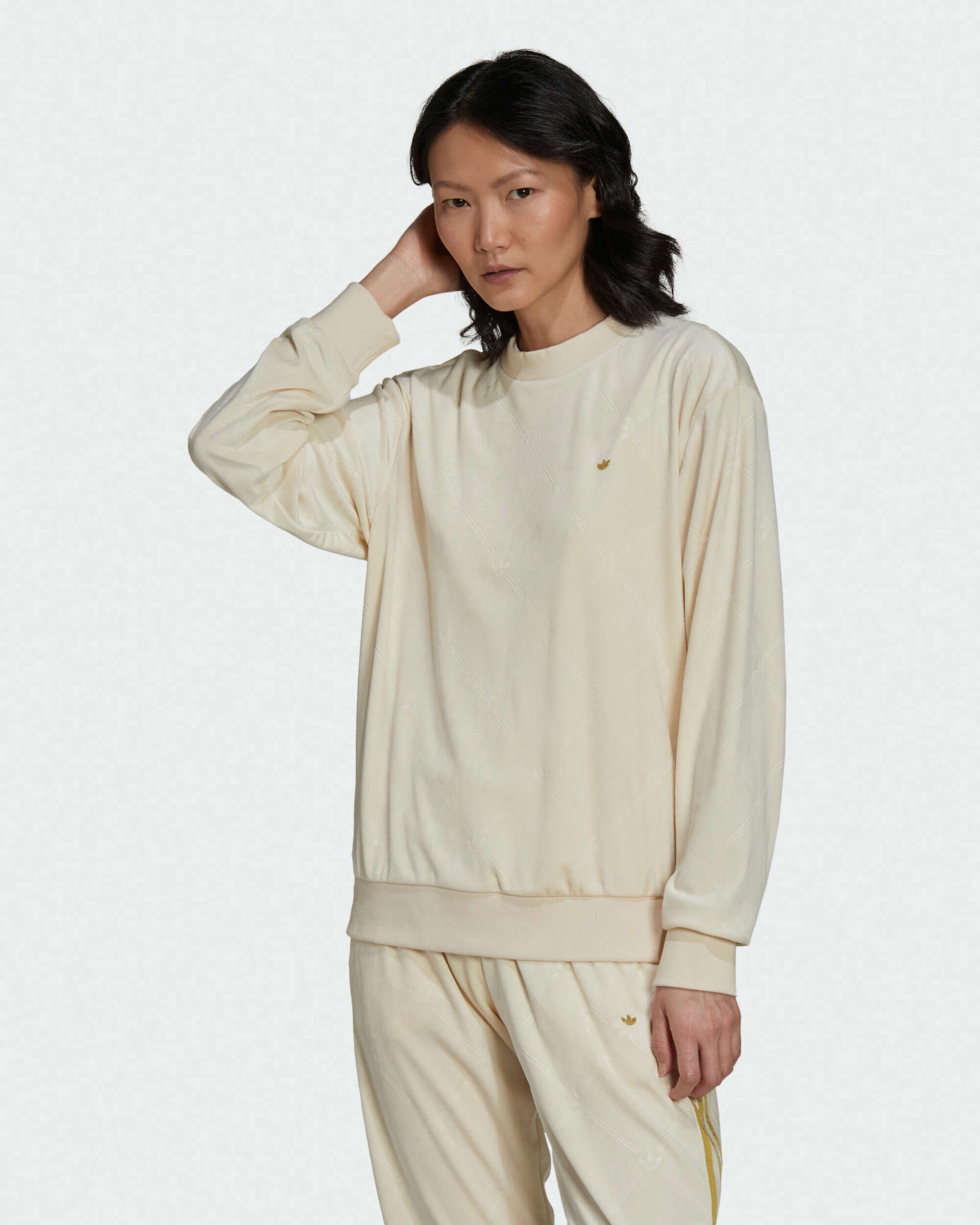 adidas Women s Velvet Sweatshirt Beige H18044 FOOTDISTRICT