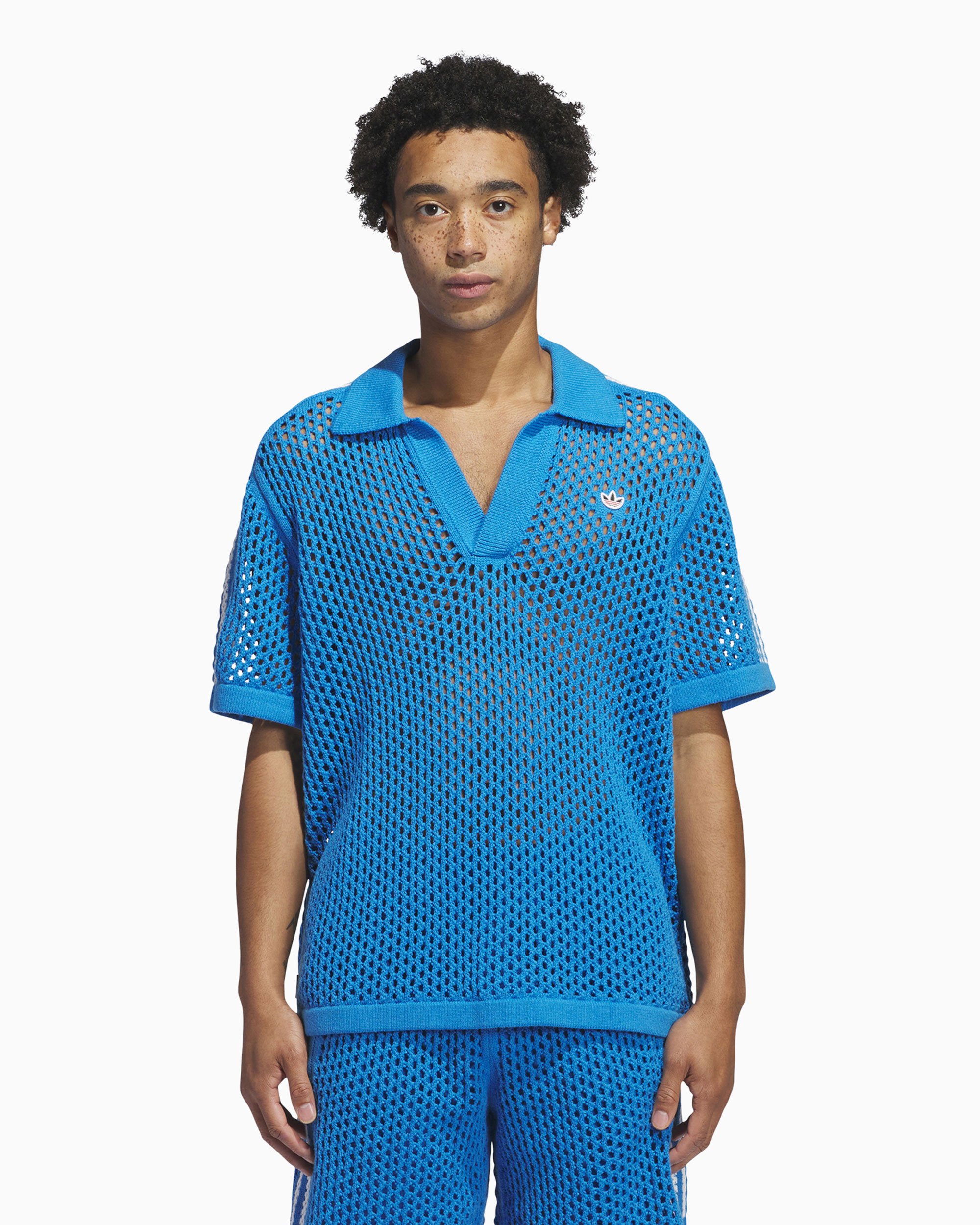 adidas Originals x CLOT By Edison Chen Unisex Crochet Polo Shirt Blue  JE9592 | FOOTDISTRICT