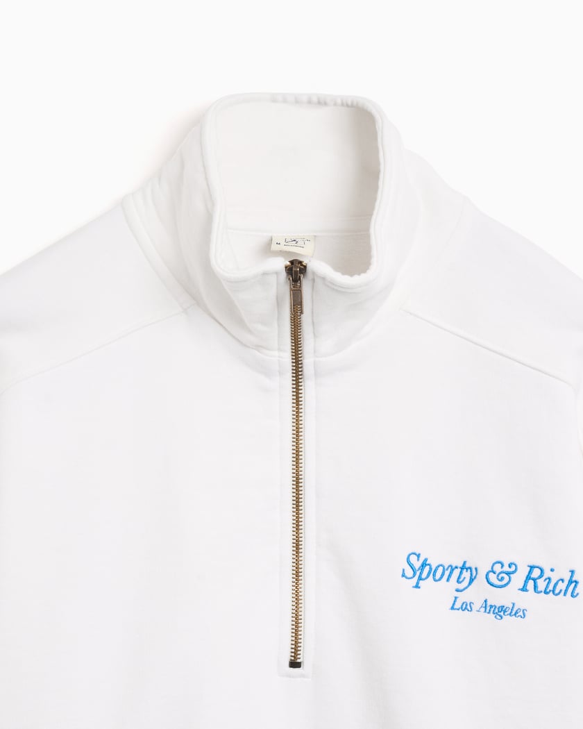 Sporty & Rich Italic Logo Embroidered Unisex Quarter Zip Swearshirt White  WS069S408IW | FOOTDISTRICT