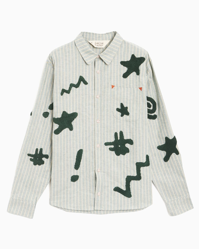 Brain Dead Men's Striped Chenille Symbol Button Up Shirt Brain Dead Men's Striped Chenille Symbol Button Up Shirt