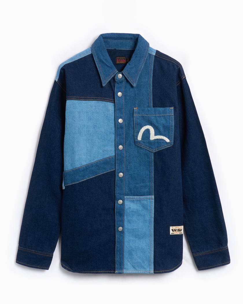 EVISU Ht, Patchwork With Seagull Emb Men's Denim Shirt Blue