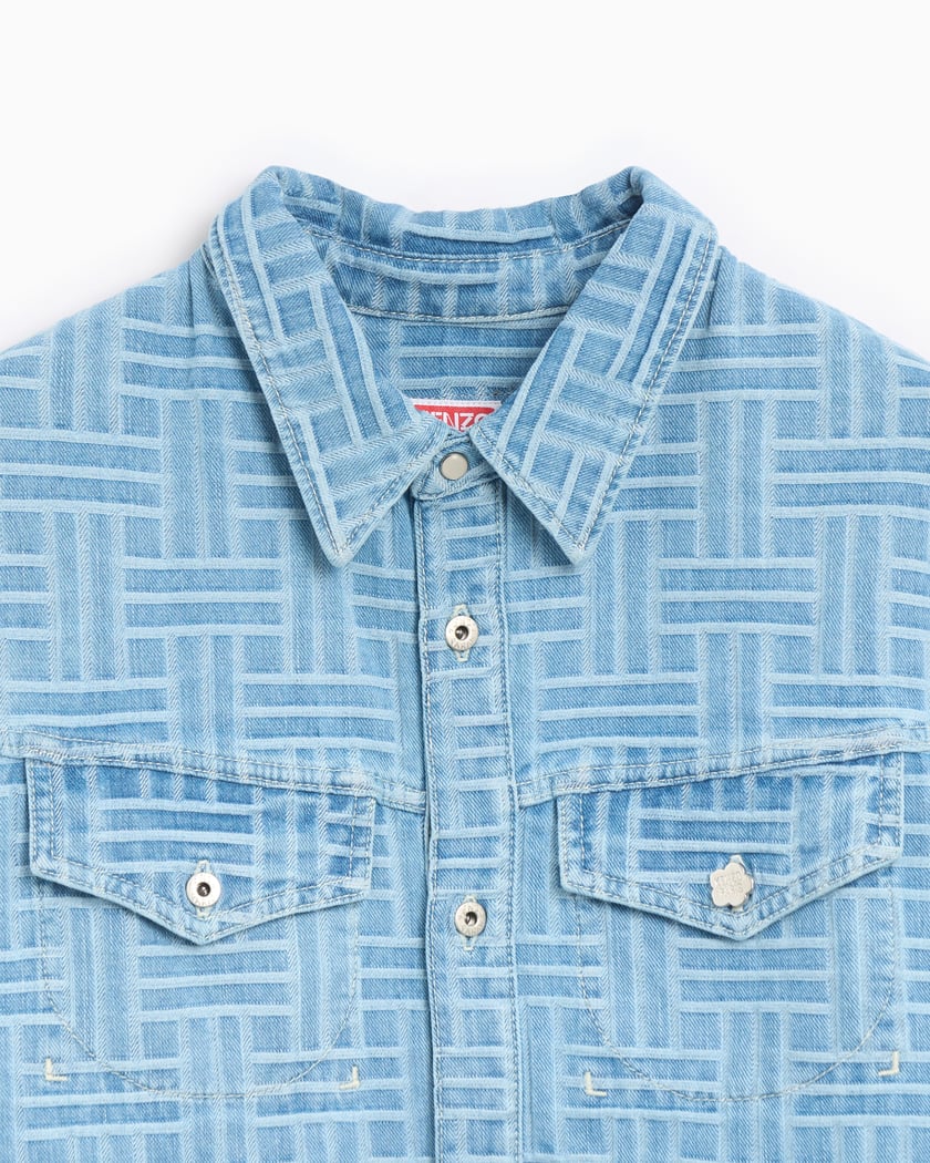 Kenzo Weave Men's Short Sleeve Shirt Blue FF55DC1026J4-DB Kenzo Weave Men's Short Sleeve Shirt Blue FF55DC1026J4-DB