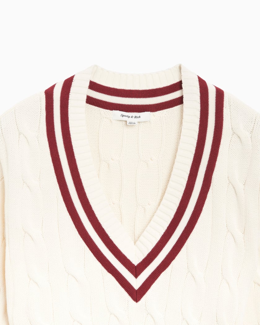 Sporty Rich SRC Unisex Cableknit V Neck Sweater Burgunder WeiB WSAW231OF FOOTDISTRICT