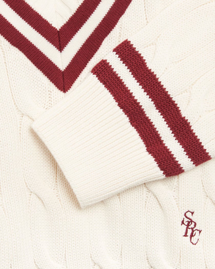 Sporty & Rich SRC Unisex Cableknit V Neck Sweater Burgundy