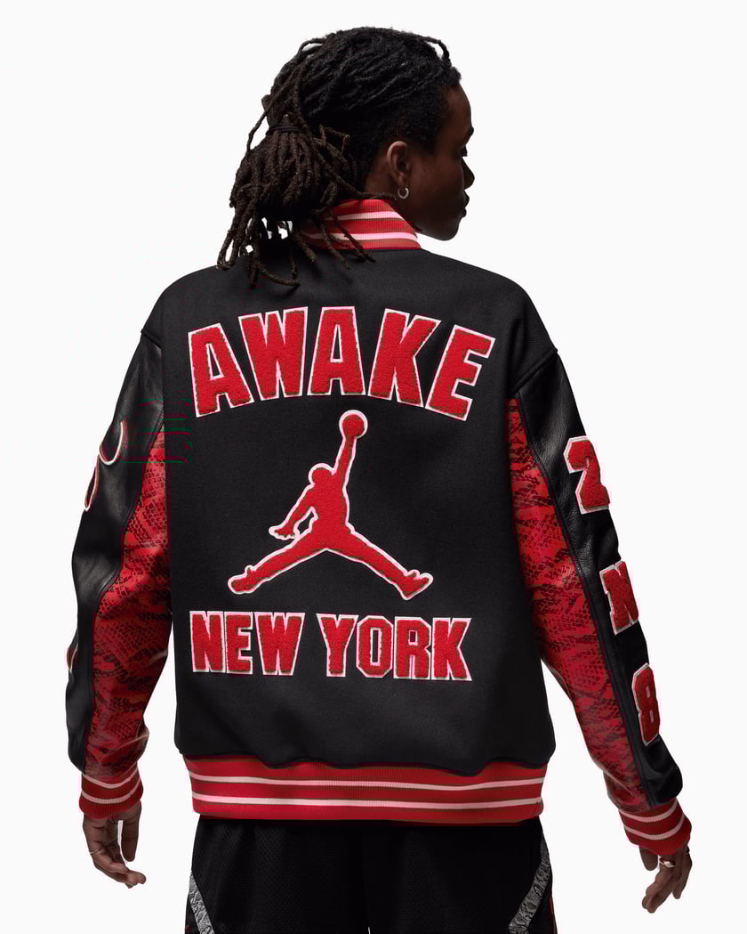 Jordan x Awake NY Men's Varsity Jacket Preto, Vermelho FQ5439-657