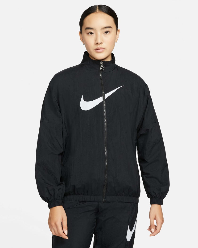 Nike Sportswear Essential Boyfriend Swoosh Women s Woven Jacket Black DM6181 010 FOOTDISTRICT