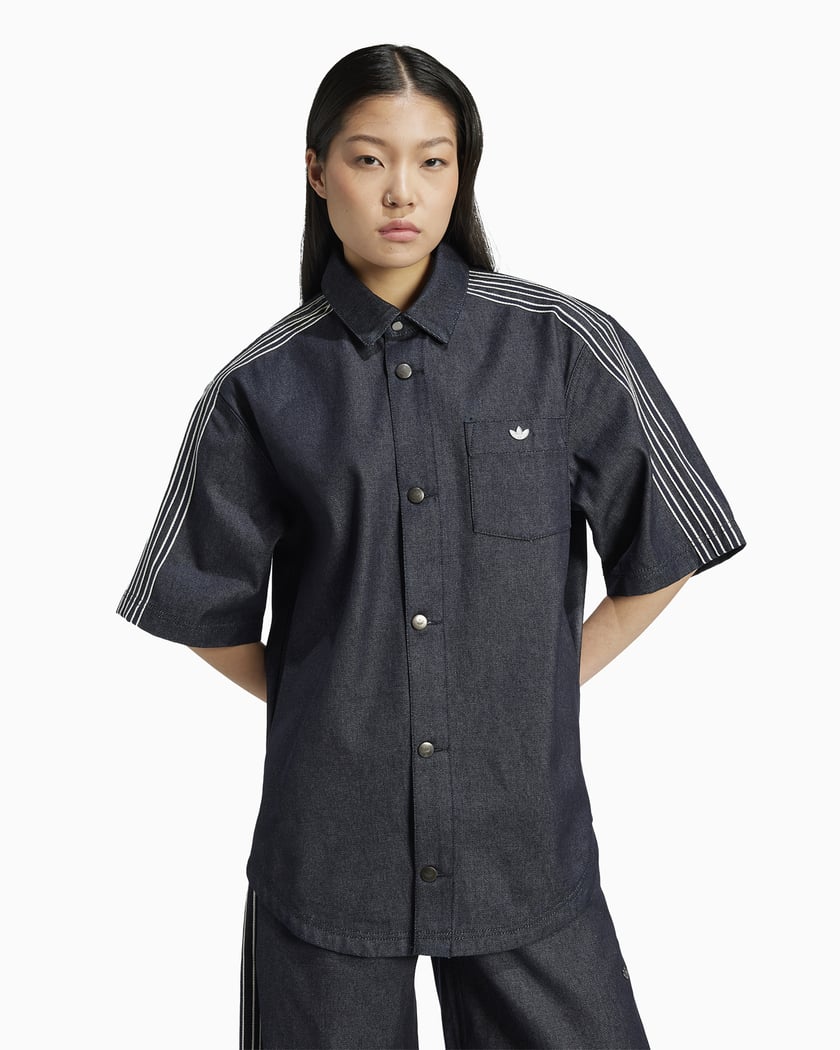 【adidas】DENIM SHORT SLEEVE SHIRT★デニム半袖シャツ★BLACK adidas Originals Denim Short-Sleeved Women's Shirt Blue